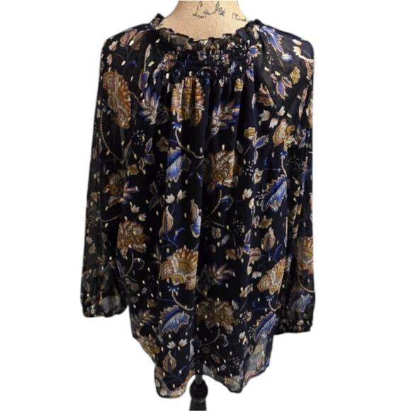 Tamara H. BLUE AND GOLD Floral Print Sheer sleeve Peasant‎ Blouse Plus Size 3X - Picture 3 of 10